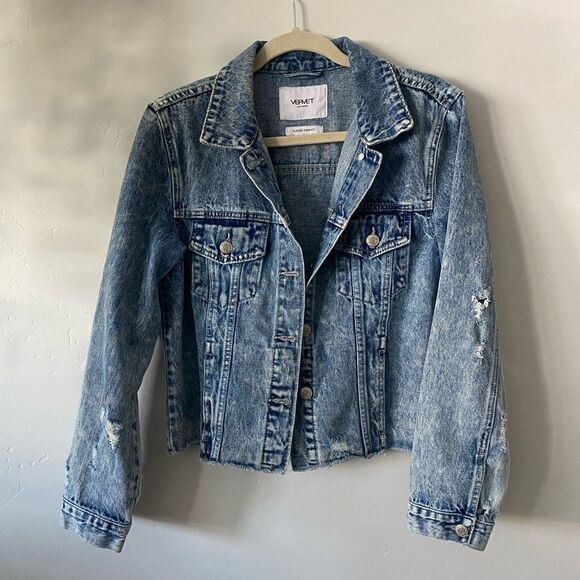 Jean Denim Distressed Acid Wash Raw Hem Jean Jacket - Picture 1 of 9